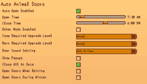 Auto Animal Doorsの設定項目一覧